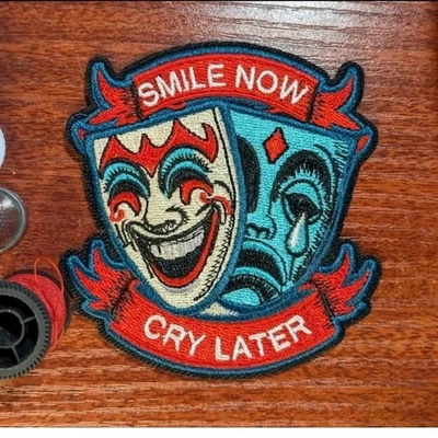 Smile Now Cry Later Patch Theatre Comedy Embroidered Iron On Patch 3.5 x 3.25" - Image 1 of 4