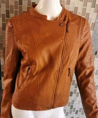 Jou Jou Faux Leather Jacket Moto Walnut Brown Vegan Biker Sz Junior 1X Fall Warm - Image 1 of 4