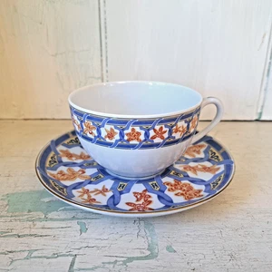 Vintage Christofle Ginkgo Ozeanblau Flach Porzellan Tasse & Untertasse Orange Orchideen - Bild 1 von 9