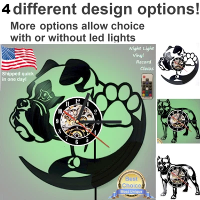 Pit bull vinyl record wall clock w/wo LED light shirt lamp dog collar rppc art - Image 1 of 4