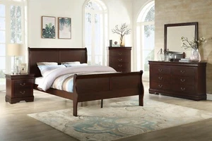 Louis Philippe Queen Size 5Pc Bed Dresser Mirror Nightstand Bedroom Set Cherry - Picture 1 of 6
