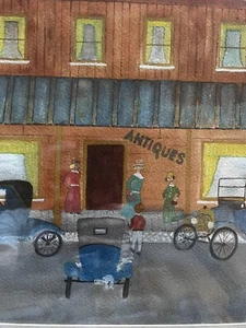 🔥Signed Framed Folk Art Watercolor Antique Shop with People Cars 12.5” x 17.5” - Picture 1 of 17