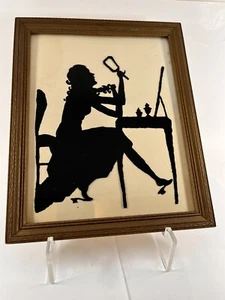 Vtg 11"x9" Girl At Vanity Table REVERSE PAINTING? or Paper Silhouette? Framed - Picture 1 of 10