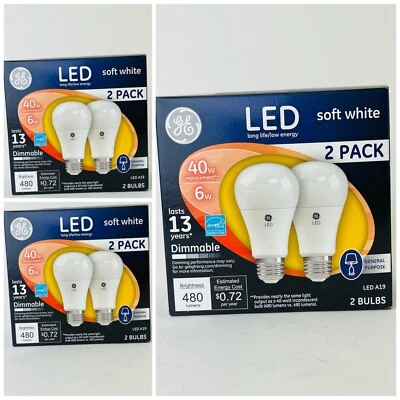 3 Pack Of 2 GE LED Soft White 6W 40W LED A19 General Purpose Dimmable - Image 1 of 4