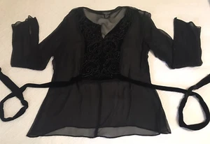 Vintage Willi Smith Sz M Sheer Silk Top Black -Velvet Sequin Beads Sparkle BOHO - Picture 1 of 10