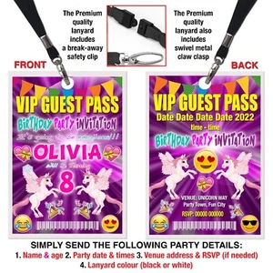 UNICORN EMOJI THEME LANYARD VIP PASS, Birthday Invitation, Personalised - Picture 1 of 7