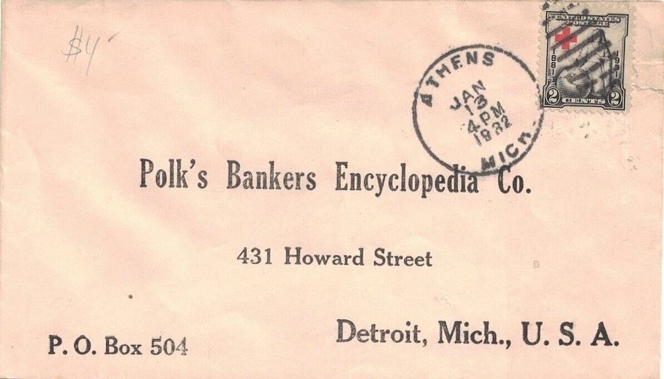 1932 Athens, Michigan Crisp Duplex Cancel on an Encyclopedia Co. Cover ~ - Image 1 of 1