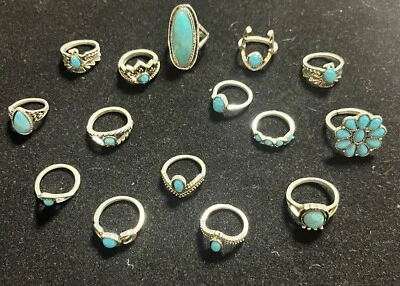 Juego de 15 anillos turquesa sintética tono plata boho estilo tribal Bali talla 4-8 EE. UU. Foto 1 de 4