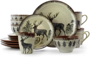 Elama round Stoneware Cabin Dinnerware Dish Set, 16 Piece, Elk Design with Warm - Picture 1 of 12