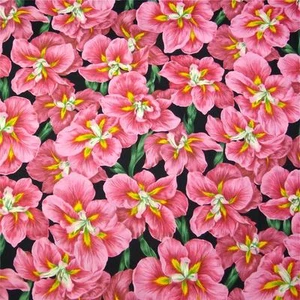Lovely Floral, Large Peach Pink Flowers on Black Cotton Fabric by Kona Bay - Picture 1 of 5