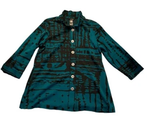 Ali Miles Shirt Womens Med Blue Teal Black Lagenlook Coastal Granny Jacket Shirt - Picture 1 of 7