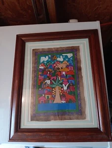 La fiesta, Mexican Hand Painted Art In "Amate/Bark" Paper Framed See Description - Picture 1 of 8