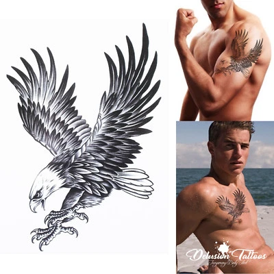DELUSION TATTOOS ADLER TEMPORÄRES TATTOO - SCHWARZ, WEISSKOPFSEEADLER, HERREN, DAMEN, KINDER, REALISTISCH, FAKE