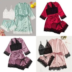 3Pcs Women Pajamas Sets Lace Satin Top Shorts Robe Sexy Lingerie Nightwear Dress - Picture 1 of 21