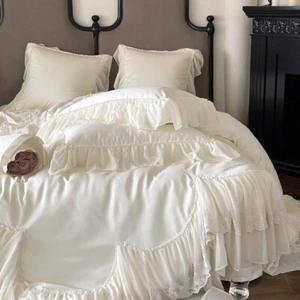 Luxury Long Cotton Bedding Set Embroidery Duvet Cover Flat Sheet 2 Pillowcases - Picture 1 of 48