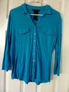 Grace Elements Button Front Shirt Top Women’s M Turquoise 3/4 Sleeve Stretch - Picture 1 of 2