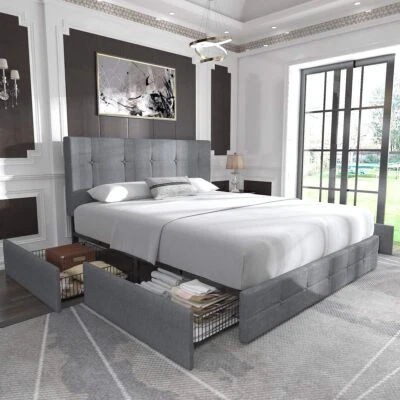 Sifurni Bed Frame & 4 Storage Drawers Square Button Tufted Headboard, Light Grey - Image 1 of 4