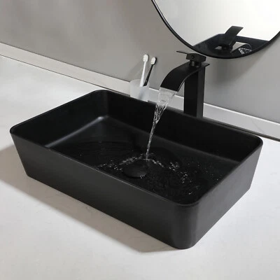 Matte Black Bathroom Vessel Sink 22"Rectangle Vanity Basin Mixer Brass Drain Tap - Image 1 of 4