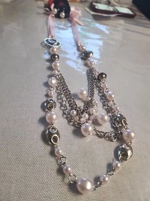 Paparazzi Pink, White And Silver Ribbon And Bead Necklace And Earring Set - Image 1 of 4