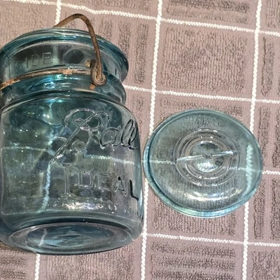 5½" Vintage Blue Ball Ideal Wire Side Mason Jar Stamped #4 With Top - Image 1 of 4