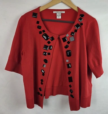 Cárdigan suéter Peter Nygard para mujer talla grande rojo con cuentas manga corta tejido Top Foto 1 de 4