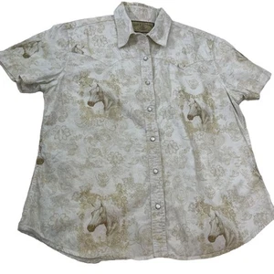 Bit & Bridle Ladies L White/Tan Horse Print Western Shirt Pearl Snaps - Picture 1 of 12