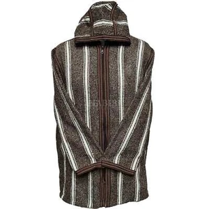Unisex Moroccan Hooded Wool Blend Winter Baja Jerga Jacket Brown/White Striped - Picture 1 of 5