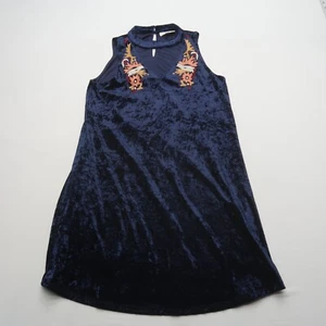 THML Crushed Velvet Dress Small Dark Blue Sleeveless Mini Shift Boho Embroidered - Picture 1 of 7