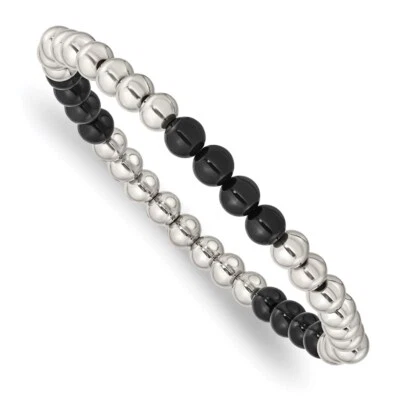 Pulsera Cincel Unisex Acero Inoxidable Pulido 6 mm Negro Ónix Cuentas Elástico Foto 1 de 3