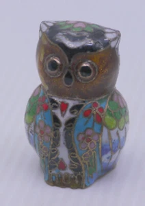 VINTAGE COLORFUL CLOISONNE OWL FIGURINE, ENAMEL OVER METAL, 2 INCHES - Picture 1 of 6