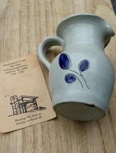 Williamsburg Pottery Blue Salt Glaze Mini Creamer Pitcher Cobalt Blue Leaf 4" - Picture 1 of 8