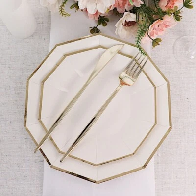 25 pcs 9 in Decagon Disposable Paper Dinner Plates Gold Trim Events Tableware - Image 1 of 4