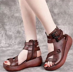 Lady Summer Thick-Soled Leather Roman Sandals Boots Zipper Shoes Sandals Womens - Picture 1 of 8