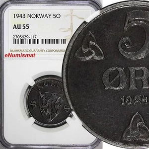 Norway Iron 1943 5 Øre NGC AU55 World War II German occupation issue KM# 388 (7) - Picture 1 of 4