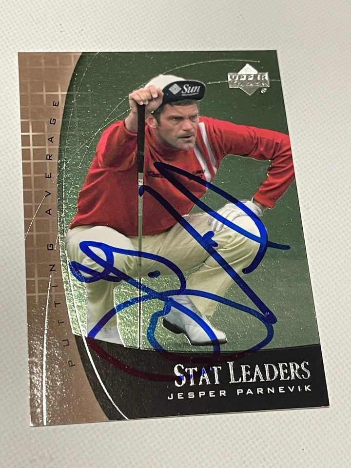 Tarjeta firmada por Jesper Parnevik UD Upper Deck Stat Leader JSA COA IP automática b Foto 1 de 3