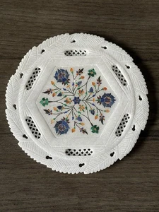 Vintage Stein Jali Floral Kunst Teller Intarsien mit Halbedelsteinen 8" - Bild 1 von 7