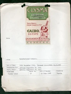 LEERE Zigaretten Tabak Packung Zulassungszertifikat 1912 Uganda Clysma #533 - Bild 1 von 1
