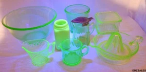 8 Vintage Green Vaseline Depression Glass Dishes - Mixing Juicer Syrup Creamer - Picture 1 of 12