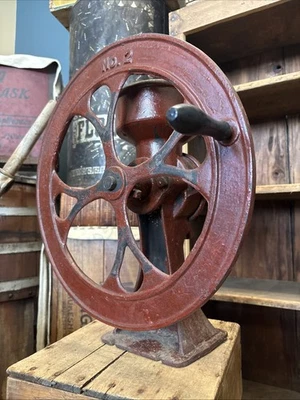 Antique No. 2 Cast Iron Coffee Grinder Hand Crank Corn Grain Farm Mill 16” Wheel - Image 1 of 4