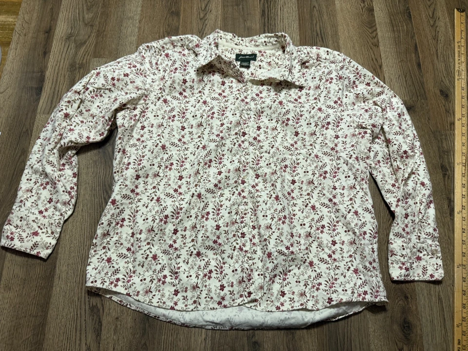 Camisa Eddie Bauer Para Mujer Plus XXL, Marrón Blanco Rojo Floral Manga Larga Abotonada Foto 1 de 4