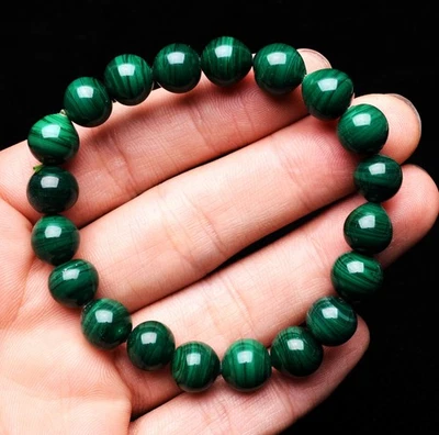Brazalete de cuentas redondas de piedras preciosas de cristal de malaquita verde natural genuino de 9,8 mm AAA Foto 1 de 4