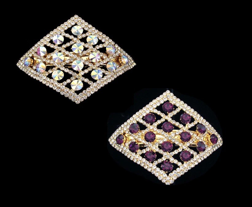 CRYSTAL RHOMBUS SQUARE DIAMOND SHAPE LARGE BARRETTE CLIP GOLD TONE CLEAR PURPLE  - Изображение 1 из 1