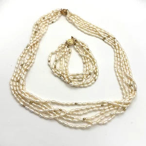 6-Strand Cultured Pearl Necklace & Bracelet Set w 14K Gold Beads & Clasps (MeK) - Picture 1 of 13