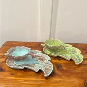Vtg MCM 1950's Cal-Ramics by Cisse Blue & Green Leaf Snack Plate Sets - Picture 1 of 12