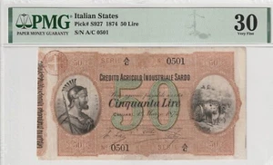 Italy 1874 50 Lire PMG Certified Banknote VF 30 Pick S927 Italian States - Picture 1 of 2