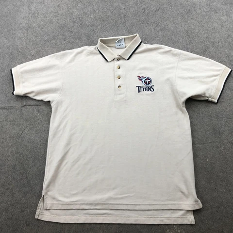 Vintage Tennessee Titans Polo Shirt Men Medium Beige Short Sleeve Embroidered Cover
