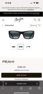 Novos óculos de sol Maui Jim PEAHI - armação preta preta com lente cinza novo autêntico - Imagem 1 de 3