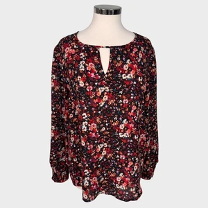 Pleione Large Womens Blouse Black Red Multi Floral 100% Polyester - Picture 1 of 7