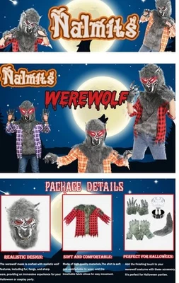 Nalmits NWT Boys Werewolf Costume Kids Wolf Outfit Light Up Mask Gloves Tail L - Image 1 of 4