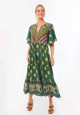 Vestido Maxi Tuckernuck Oliphant Verde Lucknow Flirty Decote V Tamanho XS Bordado - Imagem 1 de 4